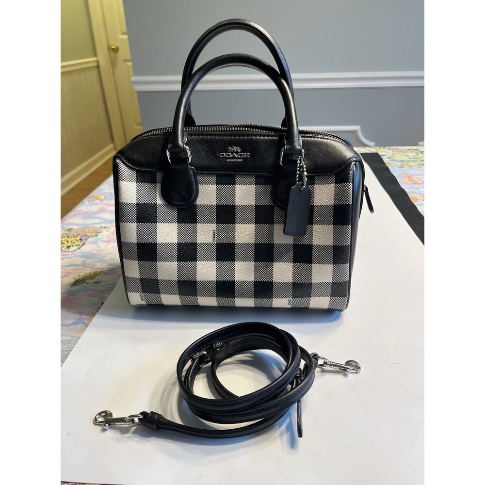 Coach Mini Bennett Black White Plaid Crossed Grain Leather Satchel - Picture 2 of 16